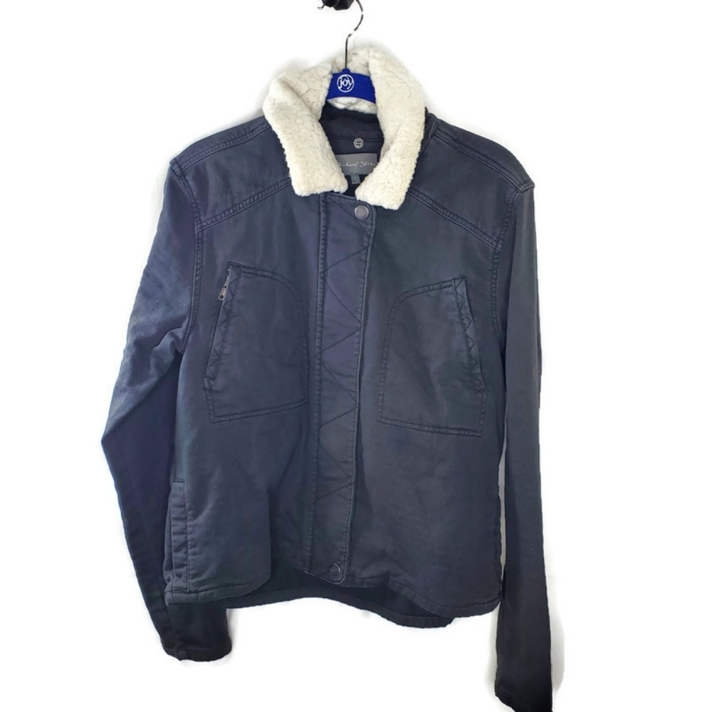 Michael Stars Black Denim Heavy Jacket Size M Removable Sherpa Collar